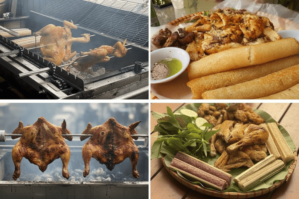 Gà nướng vàng giòn thơm phức, thịt mềm ngọt thấm vị, ăn kèm cơm lam dẻo thơm